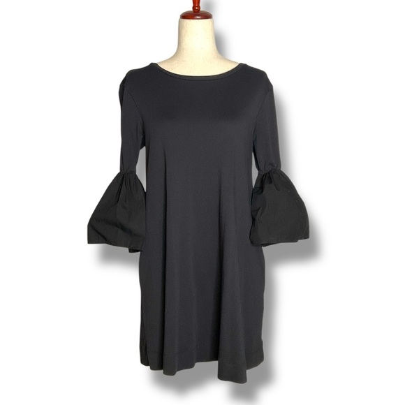 Peruvian Connection Black Boatneck Flare Cuff Knee Length Dress Size Small - Picture 2 of 8